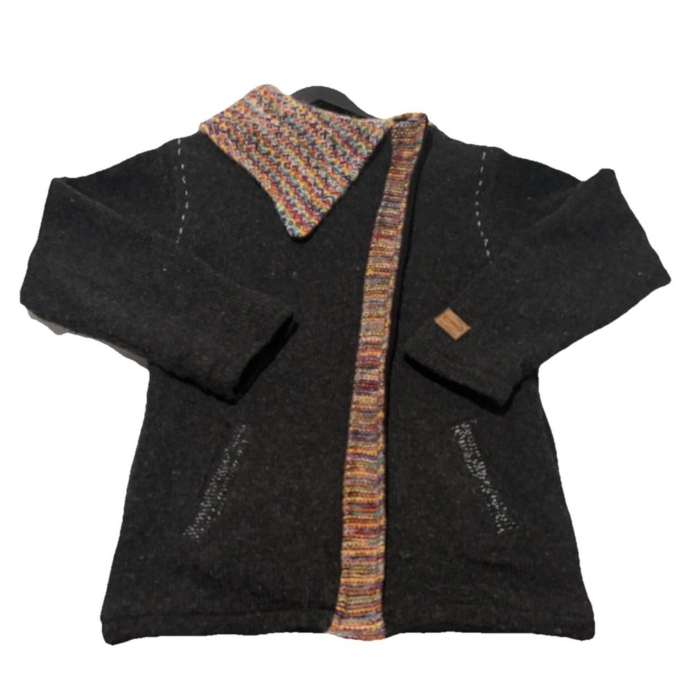 KYBER Outerwear BohoJacket Woman's MED BlackGray Rainbow Wool Zip Up Nepal Cozy